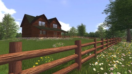 Log Cabin Home in a Sunny Meadow Landscape