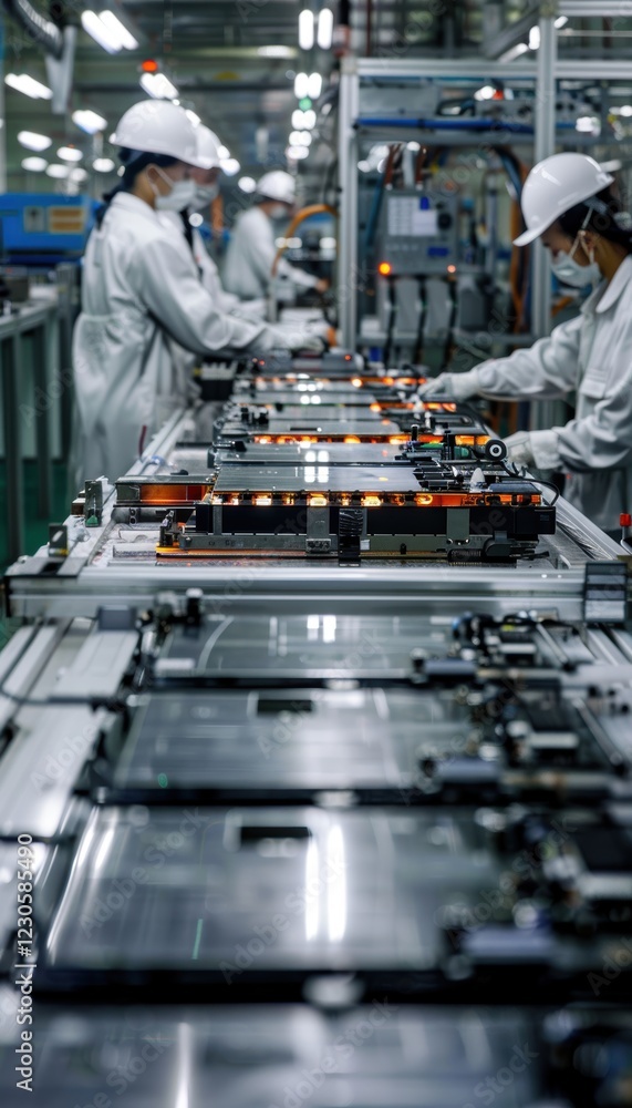 Aufkleber high-tech manufacturing: workers assembling lithium-ion cells in a controlled factory environment
