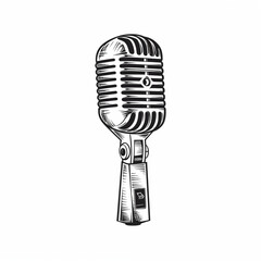 Fototapeta premium Retro microphone, icon, angle view, simple black and white sketch, picture, on a white background, no people, musical
