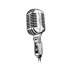 Fototapeta premium Retro microphone with a wire, icon, angle view, simple black and white sketch, picture, on a white background, no people, musical