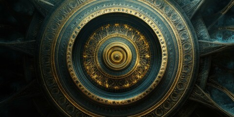 Fototapeta premium Intricate circular design showcasing ornate patterns and textures, suitable for architectural, artistic, or fantasy-themed projects.
