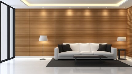 Modern living room with white sofa, wooden wall, elegant lamp, and minimalist decor in bright space