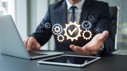 Businessman showcasing effective workflow and process optimization with digital gears and check marks, signifying successful project management and efficiency.