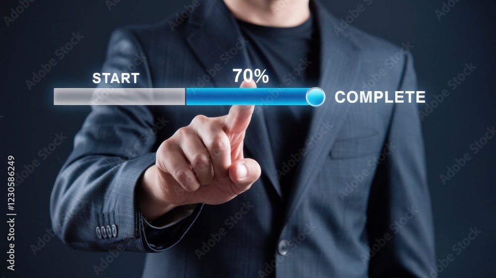 Poster businessman using progress bar interface, 70% complete