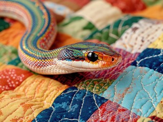 Fototapeta premium A multicolored snake with striking eyes resting on a patterned quilt.