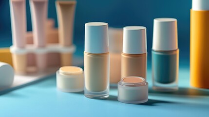 Obraz premium Closeup of various makeup and skincare items for sale or demonstration.