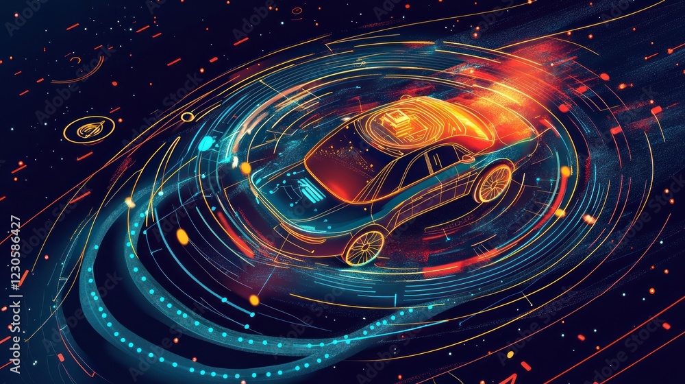 Poster Futuristic Car Enveloped In Digital Data Streams