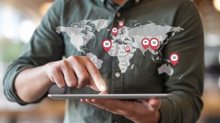 Global Communication and Connectivity: A Man Uses a Tablet to Interact with a Digital World Map Highlighting Key Locations Worldwide