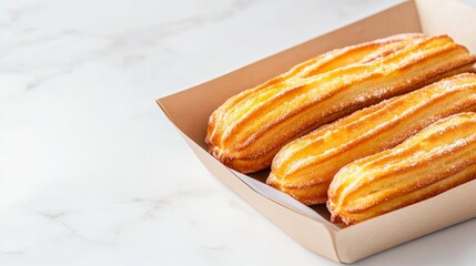 Delicious freshly made churros served in a paper tray on a marble countertop, showcasing a tempting treat