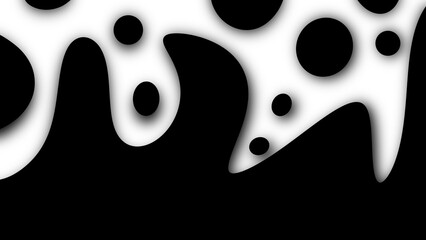 An image with a black liquid-like substance dripping onto a stark white background. Smooth and shiny appearance It creates abstract shapes while cascading.