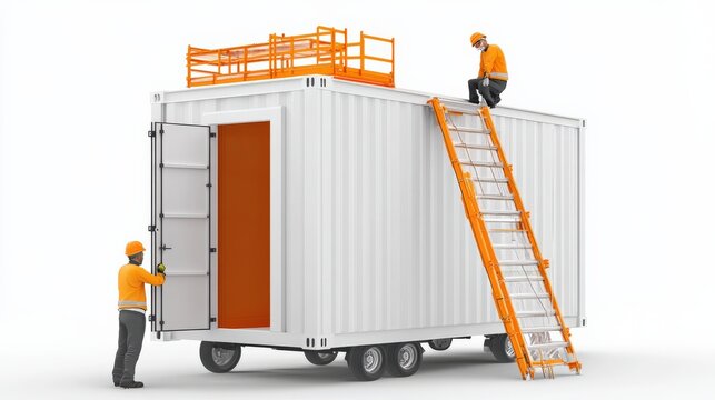 Construction workers assembling a portable storage container with a ladder and safety railing
