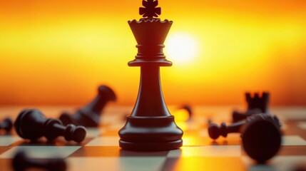 Chess game in progress at sunrise or sunset with one piece left standing in the center of the board.