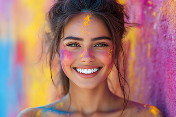 A close-up portrait of a joyful face covered in vibrant Holi powders, capturing the excitement and festive spirit of the celebration. 