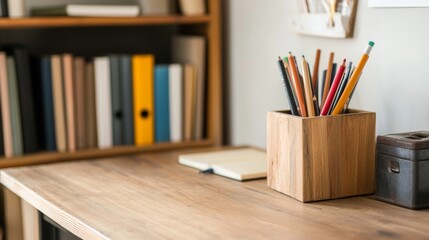 Obraz premium Wooden desk with pencils, notebook, and books.