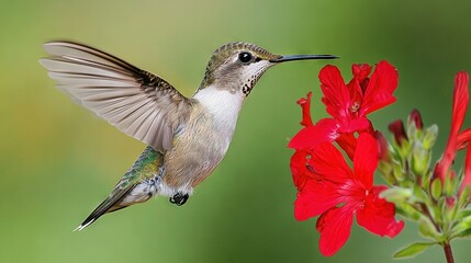 Fototapeta premium Hummingbird perched on red flower in front of green-red blur
