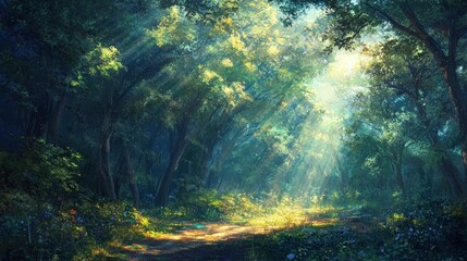 Sunlit Path Through A Lush Green Forest