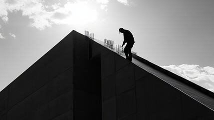 A construction worker, who specializes in roofing, is busy constructing the roof of a building under construction.