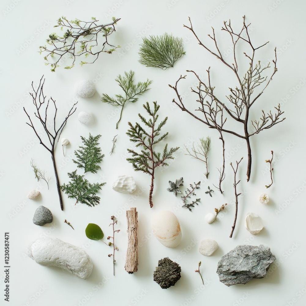 Poster a collection of twigs, rocks, and other natural objects. the twigs are of different sizes and shapes
