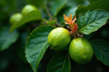 Wet guava leaves on a vine entwined with flowers, botanical, garden, guava leaves