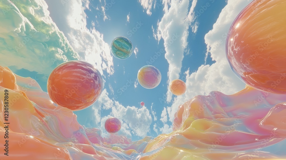 Poster a colorful sky with a bunch of balls in it. the balls are of different colors and sizes