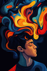Dreamlike Abstract Portrait of a Man with Vivid Surreal Colors and Imagined Waves