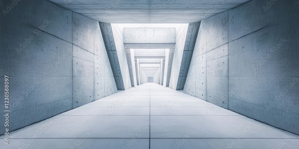 Poster a minimalist concrete corridor showcasing a futuristic and symmetrical architectural design with cle