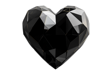 Geometric black heart with gold accents, angular patterns and smooth finish isolated on white transparent background. Concept of modern design and love