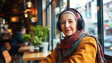 Elegant elderly Muslim woman in hijab in a headscarf wearing headphones, sitting in a cafe and enjoying a moment of relaxation while listening to music