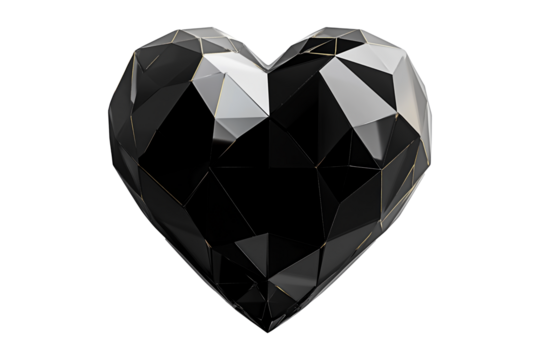 Geometric black heart with gold accents, angular patterns and smooth finish isolated on white transparent background. Concept of modern design and love