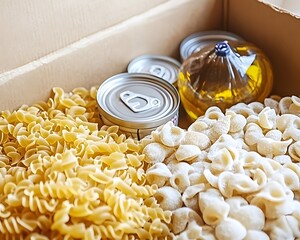 Donation Box with Pasta, Canned Food and Oil,  Food Aid Concept