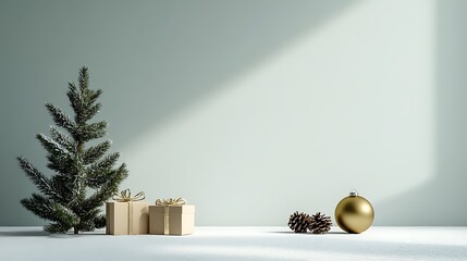 Christmas gifts under tree, light pattern on plain wall
