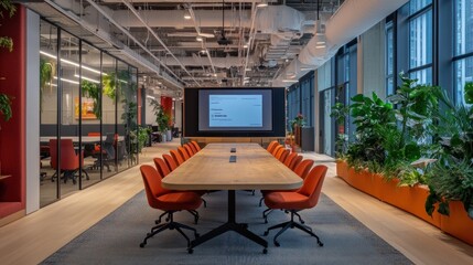 Modern Office Conference Room With Plants And Large Table