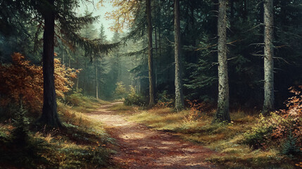 Obraz premium A trail cutting through a dense forest.