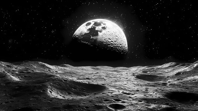 Explore the mesmerizing beauty of the moon's surface, where desolate plains and pitted surfaces spark a sense of cosmic enchantment. illustration, image, minimalism. Lunar Plains. Illustration