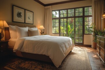 Cozy bedroom with large window and natural light