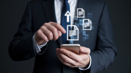 Businessman Uploads Documents Via Smartphone