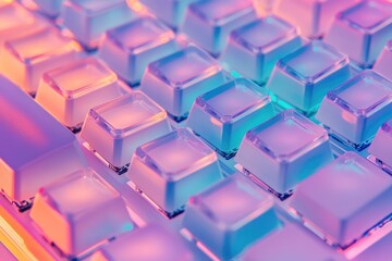 Obraz premium Close-up of a vibrant, translucent keyboard with pastel pink and blue lighting.