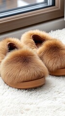Soft sheepskin slippers create a warm and inviting atmosphere on a white carpet, ideal for relaxation and comfort in a stylish home.