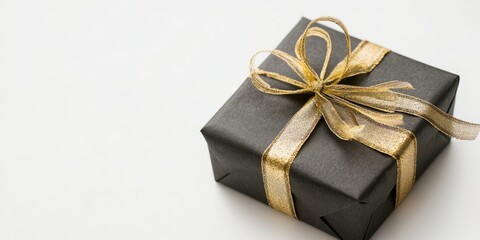A stylish black gift box adorned with a shimmering gold ribbon, perfect for birthdays, weddings, and festive celebrations.