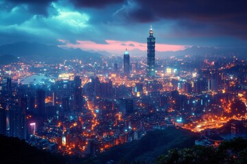 Obraz premium City skyline at night with illuminated buildings and vibrant colors