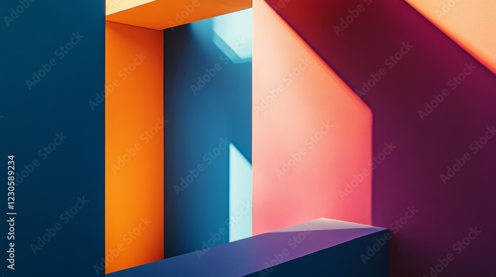Poster a visually striking abstract composition featuring colorful walls, geometric shapes, and soft shadow