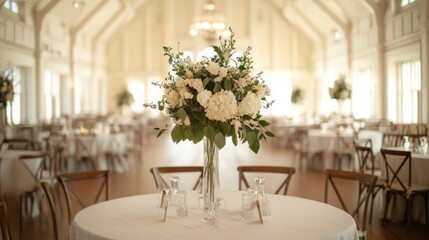Elegant white floral centerpiece on a round table in a large, bright hall.