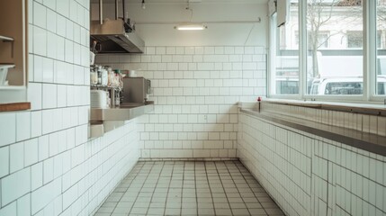 Empty, minimalist commercial kitchen with white tiles, stainless steel counter, and large window.