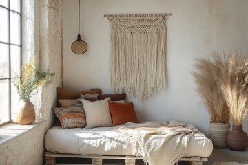 Boho bedroom with macrame wall hanging and neutral toned bedding