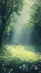 Obraz premium A painting of a forest with a bright sun shining through the trees. The mood of the painting is peaceful and serene