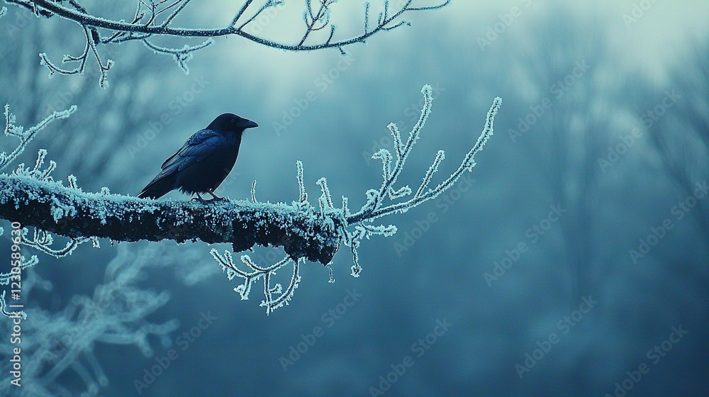 Sticker  Black bird on ice-laden branch amidst falling snowflakes