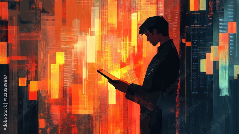 Poster Man Reviews Digital Data Against Abstract Background