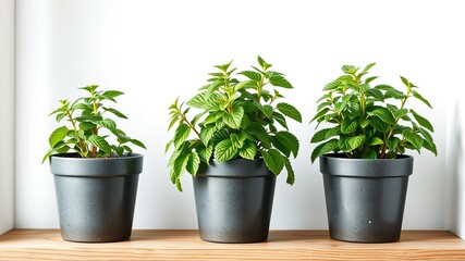 Obraz premium Fresh Mint Plants on Wooden Shelf - Bright & Detailed