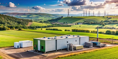 Fototapeta premium Industrial site generator unit providing electricity to nearby buildings and workshops amidst rolling hills and open fields, electrical infrastructure, industrial equipment