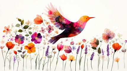   A bird soaring above a sea of blossoms